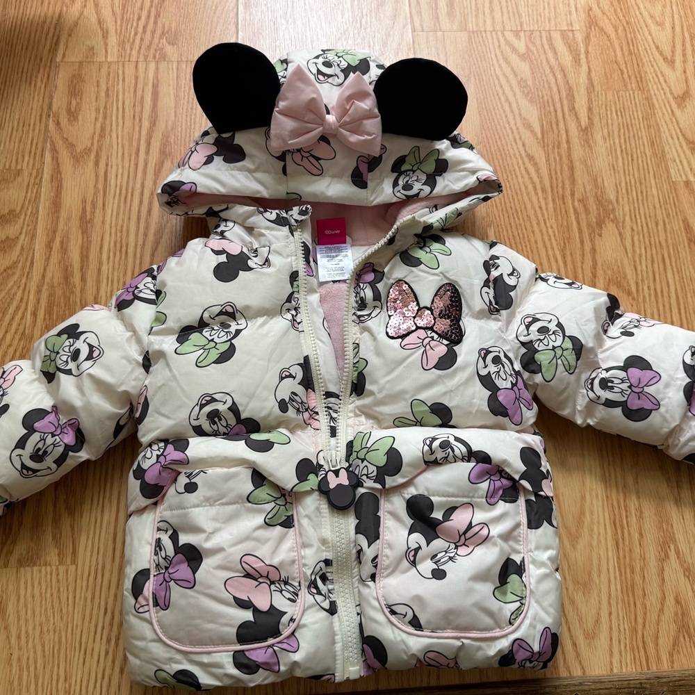 Disney Minnie Mouse Pink & Cream Puffer Jacket with Hood